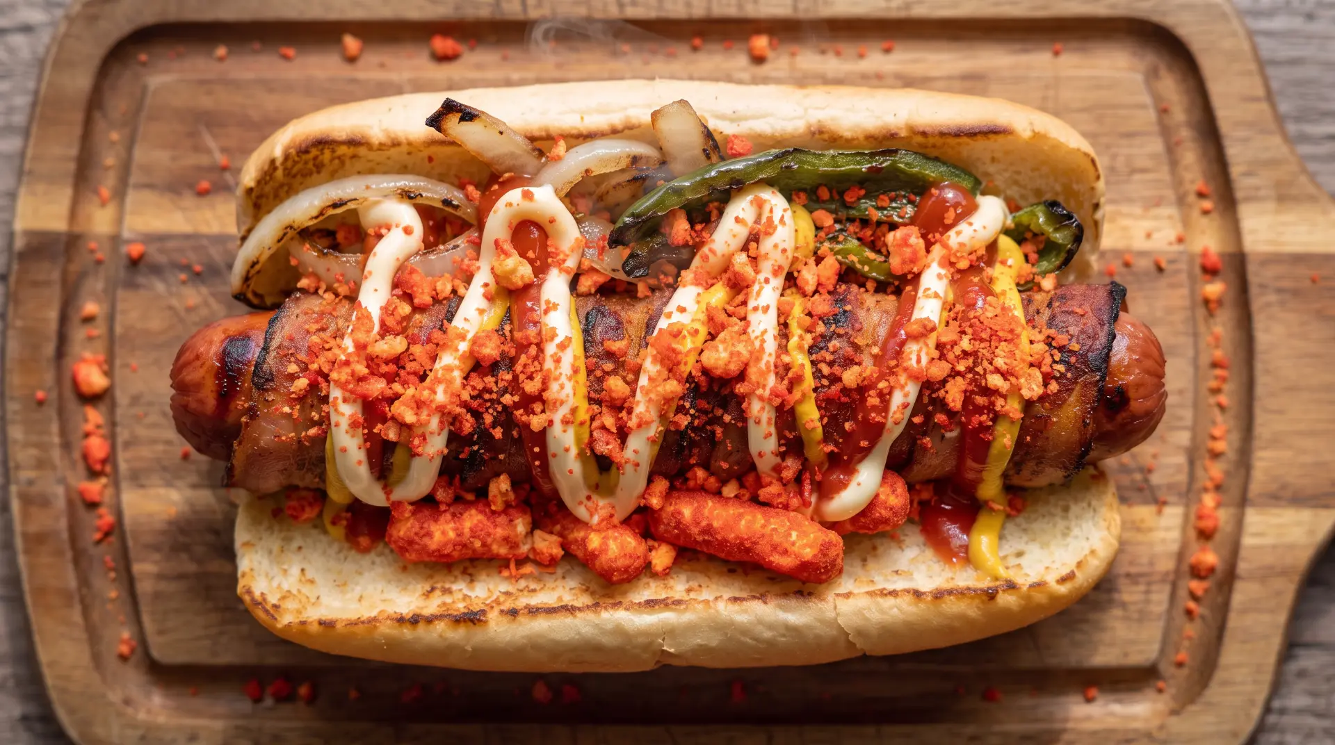 Bacon-wrapped Mexican hot dog with grilled onions, peppers, sauces and crunchy toppings