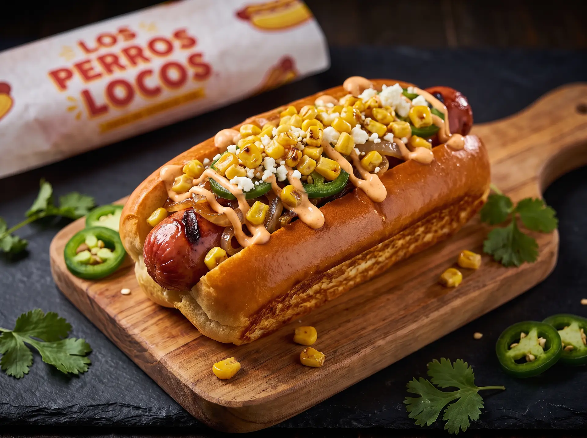 Mexican-style hot dog topped with golden corn, jalapeños and creamy sauce